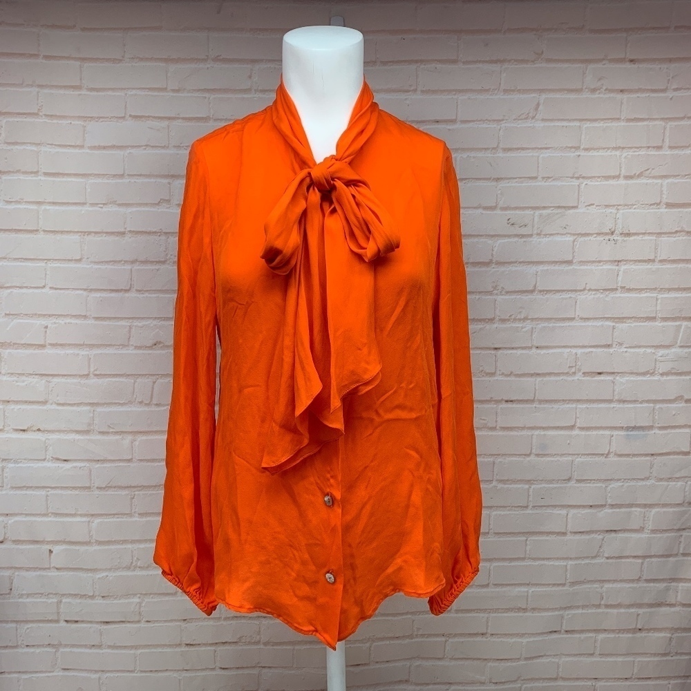 Ramy Brook Pure Silk Bow Tie Button Down Long Sleeve Blouse Shirt Orange Large